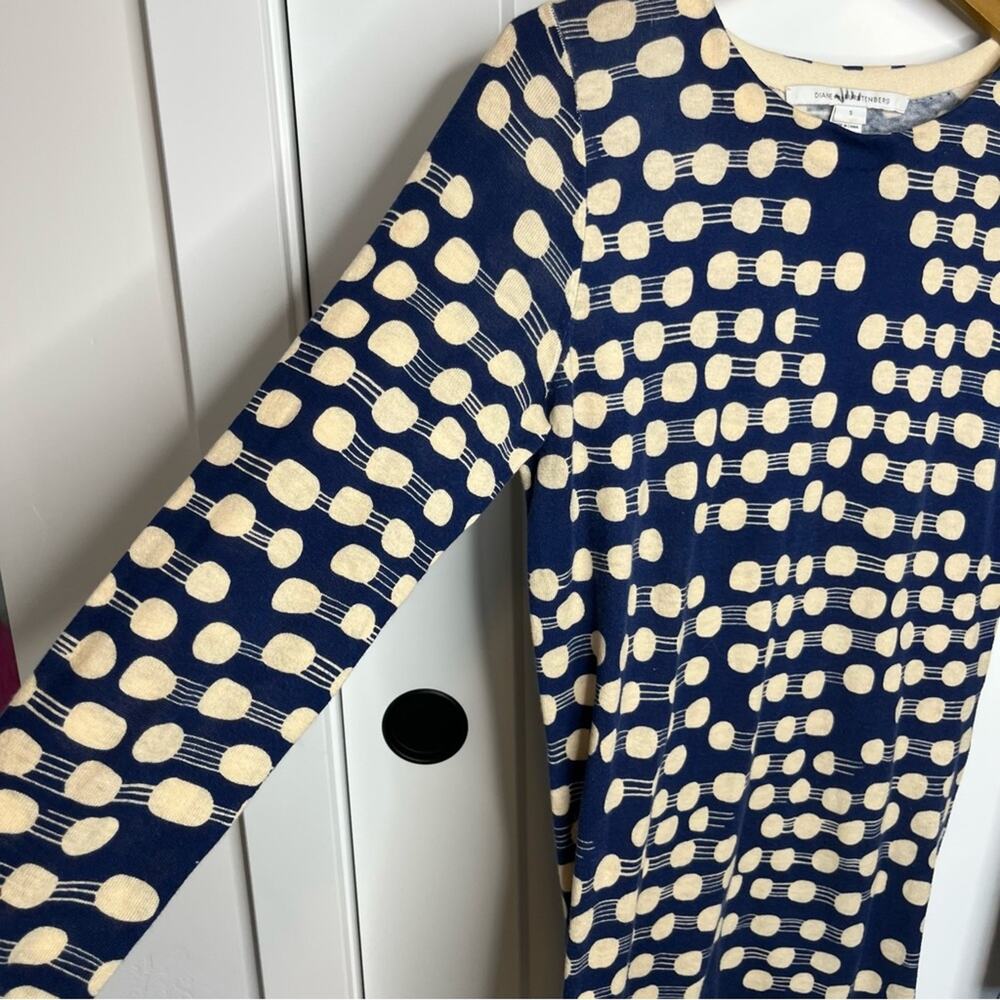 Diane Von Furstenberg DVF Blue & Cream Polka Dot Long Sleeve Knit Dress Small - Picture 3 of 6